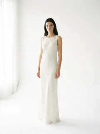 Silk column gown — Bias-cut ivory silk, beaded neckline