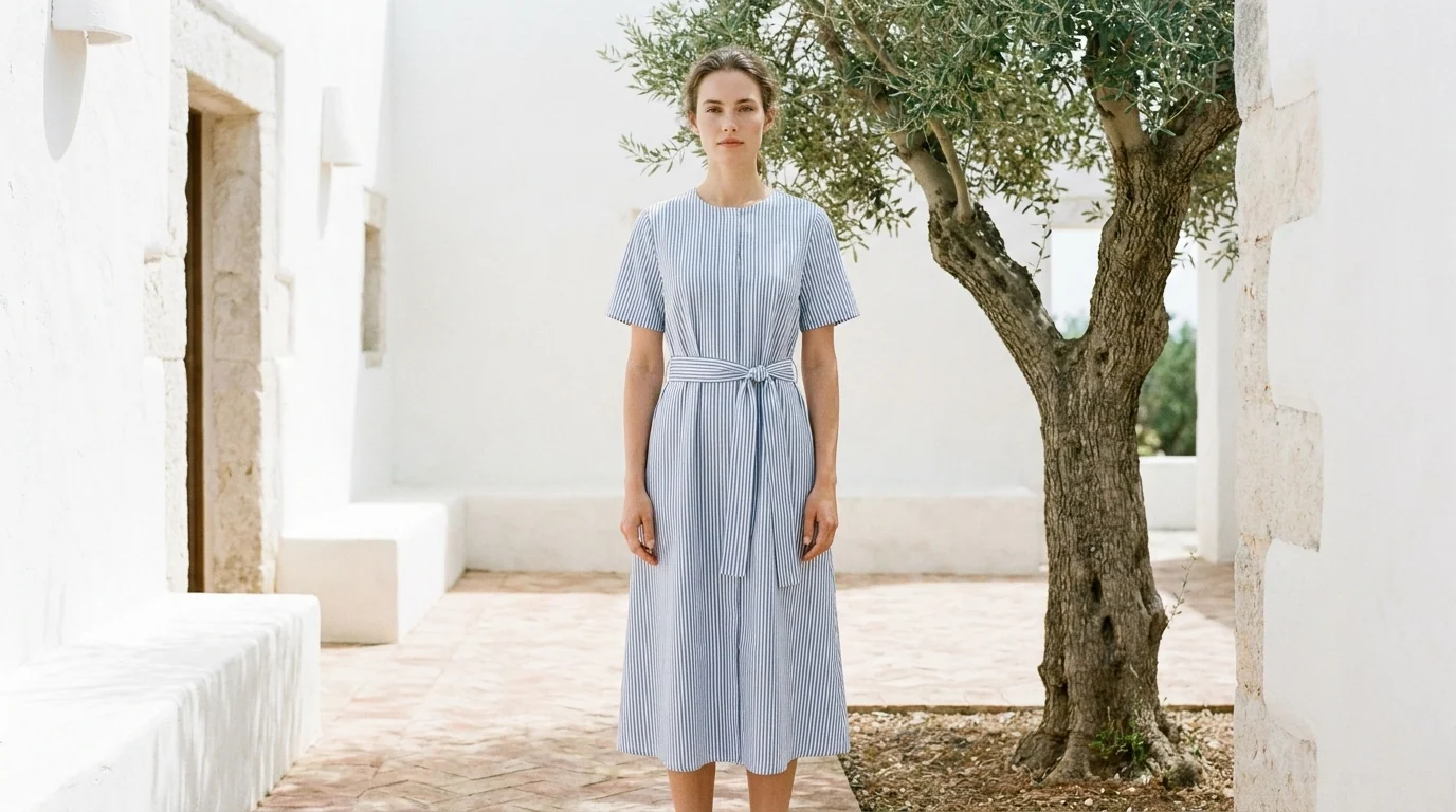 Striped cotton midi — A €39 day dress, shot like a €3,900 one